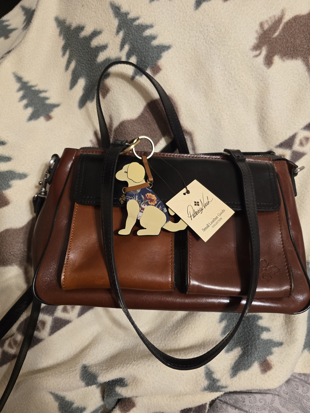 Patricia Nash Brown and Black Leather Crossbody Satchel w/ Bag Charm 14" X 9 EUC - Picture 1 of 9